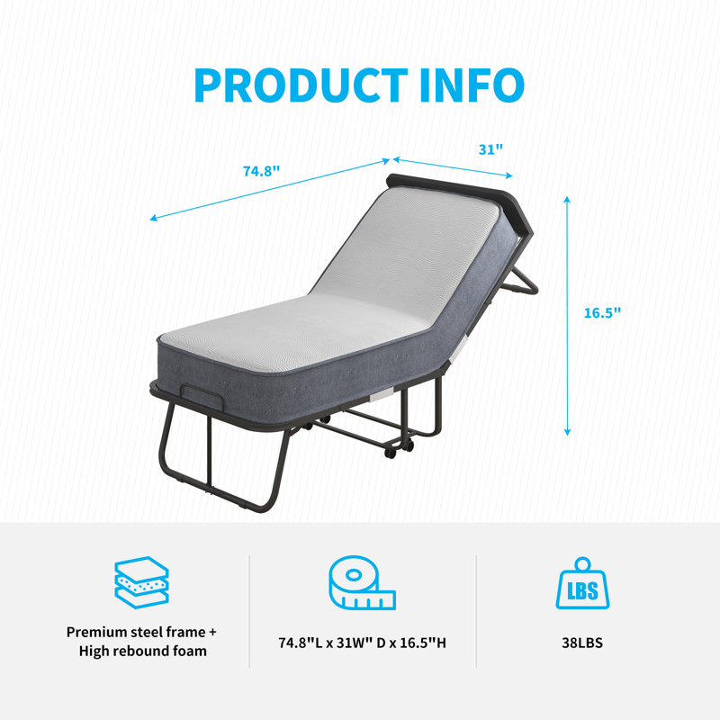 Lit pliant 31 po avec matelas en mousse à mémoire de forme et roulettes 31 po, H 16,5 po x L 74,8 po x l 31 po