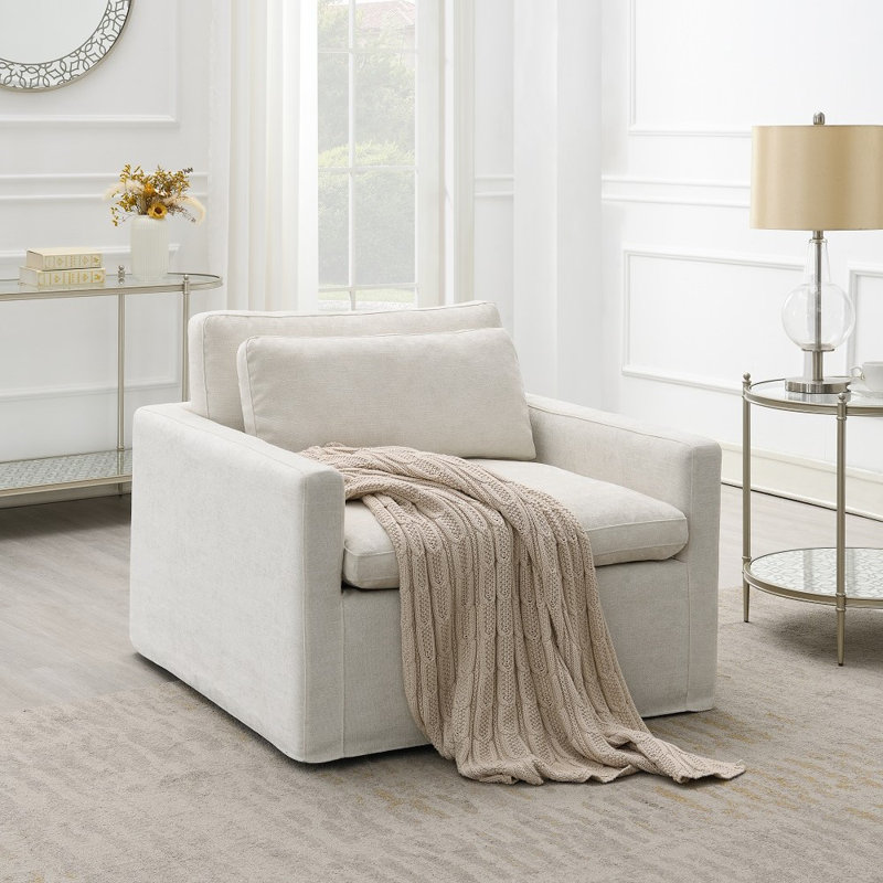 Fauteuil d'appoint pivotant avec 1 coussin décoratif Pradyoth, Ivoire ivoire