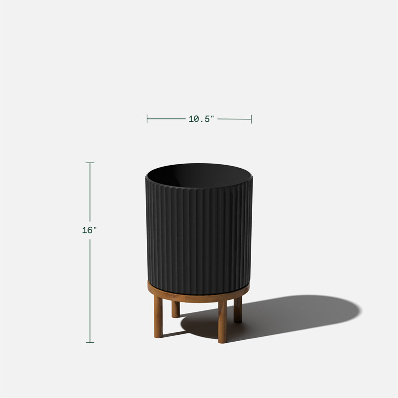 Demi Series 12" Black/Brown Planters with Acacia Wood Stand, Set of 2
