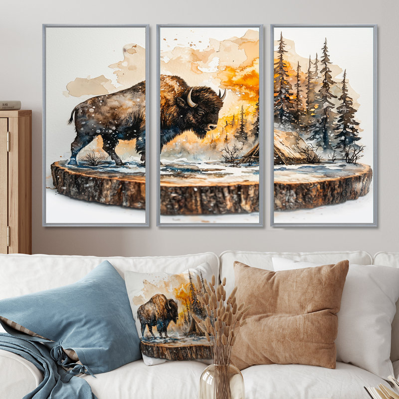 «Bison in Winter Forest Landscape I», art mural sur toile bison - ensemble de 3, Argent argent, H 32 po x l 48 po