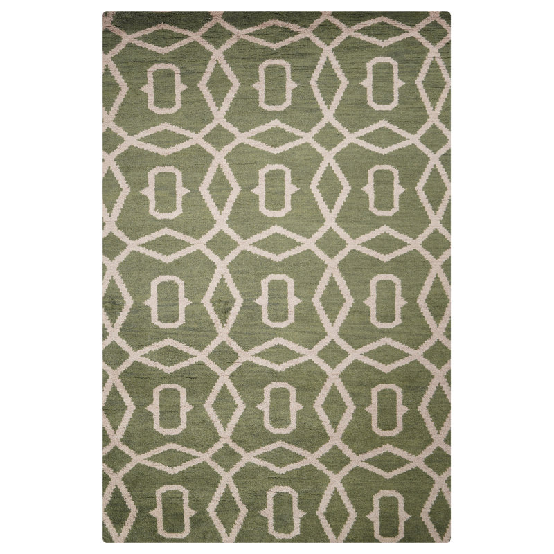 Vert | Tapis beige géométrique en laine beige fait à la main, Rectangle 9 pi x 12 pi