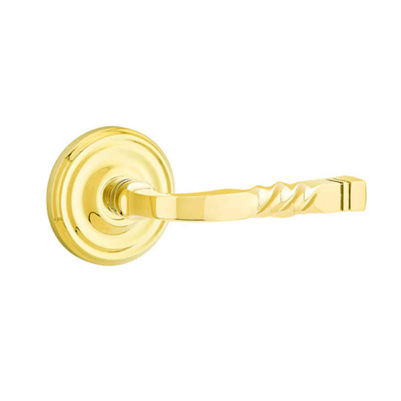 Santa Fe Flat Privacy (Bed & Bath) Door Lever with Round Rosette, Right, Bright Brass