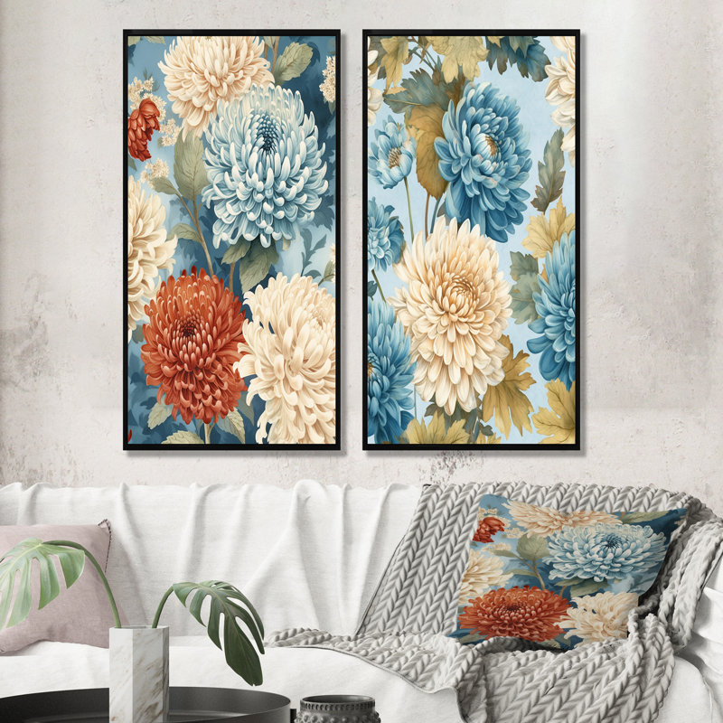 Ensemble de salon mural blanc et bleu Chrysanthemums Symphony - Chrysanthemums, H 28 po x l 25 po, Cadre flottant noir