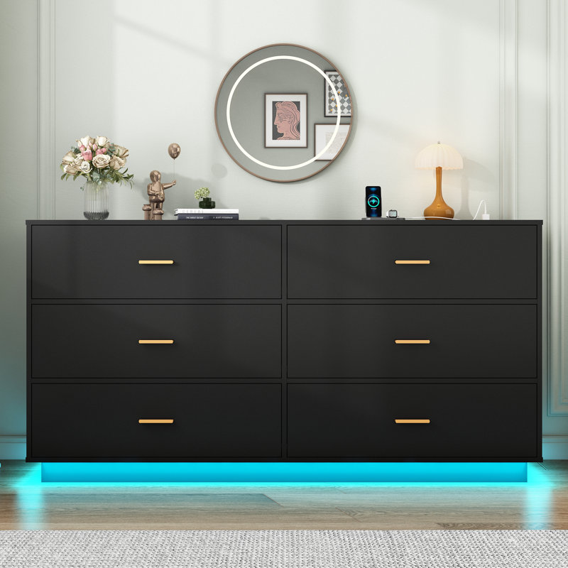 6-Drawer 59.14" Dresser With LED Light Strip And Charging Station For Bedroom, Living Room, Entryway, And Hallway, Black