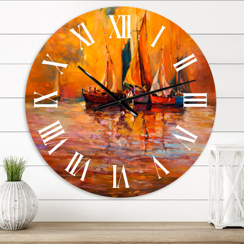 Bateaux sur l'océan pendant le coucher du soleil I - horloge murale nautique et côtière, Petit