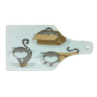 Ambesonne Cartoon Tempered Glass Cutting Board Kitten Cat in the Box Sand Brown Warm Taupe