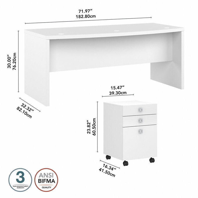 Office 500 Collection 72W Bow Front Desk with Mobile Ped, White