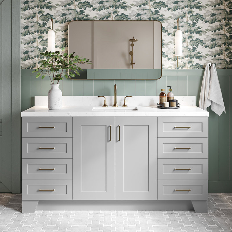 Meuble-lavabo simple en bois massif gris Freitas avec plateau en quartz blanc Carrara, Gris, Forme rectangulaire