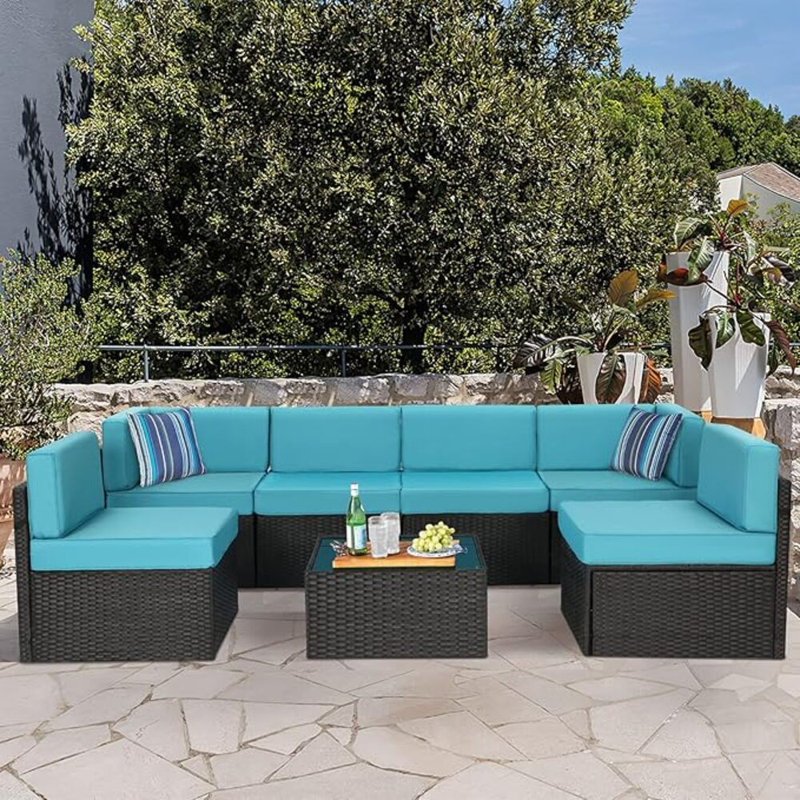 Emilienne PE Wicker 6-Person Patio Conversation Set, Black, Blue