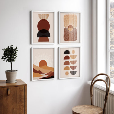 "Abstrait Mid-Century géométrique Sunburst Retro Landscape Boho Illustration Relax" 4 pièces
