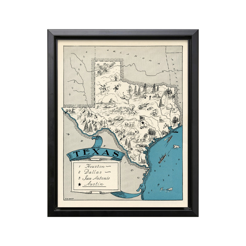 Carte illustrée du Texas, Black Framed, Canvas, 11"H x 14"W