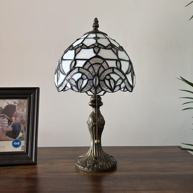 Bloomsbury Tiffany Mini Table Lamp Stained Glass Baroque Style Lavender LED Bulb Included 8"W*8"D*15"H, White
