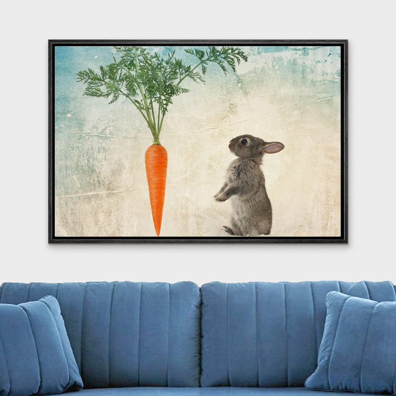 Animals " Rabbit With Carrot On Abstract Blue Animals Wildlife ", Black Framed, 24'' H x 36'' W