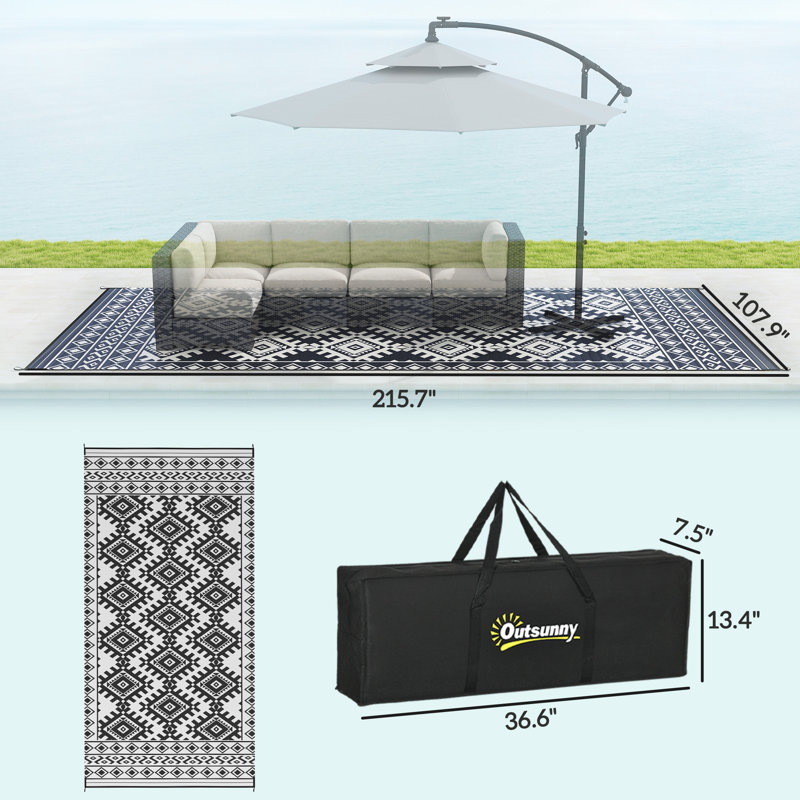 Reversible Outdoor Rug, 9' x 18' Waterproof Plastic Straw Floor Mat, Portable RV Camping Carpet, Large Floor Mat for Backyard, Deck, Picnic, Beach, Black & White Rhombus Border