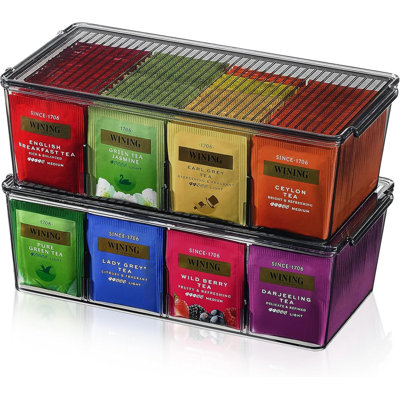 Organisateur de sachets de thé en plastique noir, boîte de rangement divisée avec 8 compartiments, contient des dosettes de café, des sachets de sucre, des condiments, des collations pour comptoir, armoire, paquet de 2