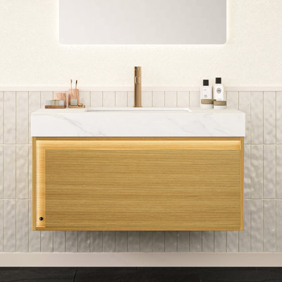 Pierre frittée de 36 po avec lavabo encastré en céramique blanche, apparence de marbre, résistance aux hautes températures, résistance à l'eau et aux égratignures, configuration de robinet à débordement, conception de lavabo