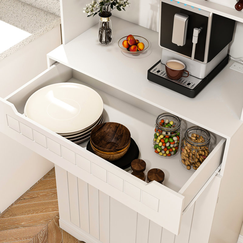 Buffet blanc avec plateau de table de 30 pouces de largeur, 2 tiroirs, portes de grange, idéal pour exposer les boissons alcoolisées dans l'armoire moderne de la salle à manger, 3 compartiments ouverts, cuisine ou divertissement