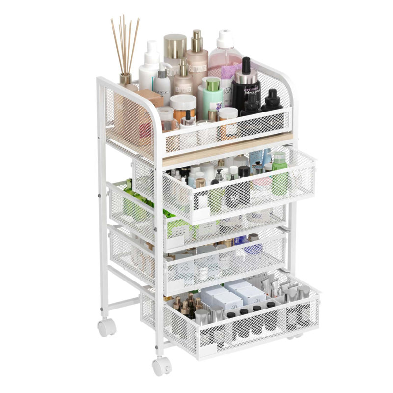 Organisateur de maquillage spacieux avec 4 tiroirs, roues et plaques signalétiques pour le rangement des soins de la peau et des cosmétiques