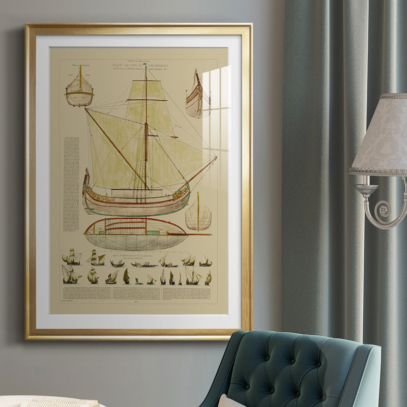 Antique Ship Plan I, reproduction d'art encadrée, Encadrement doré, H 42,5 po x l 30,5 po x P 1 po