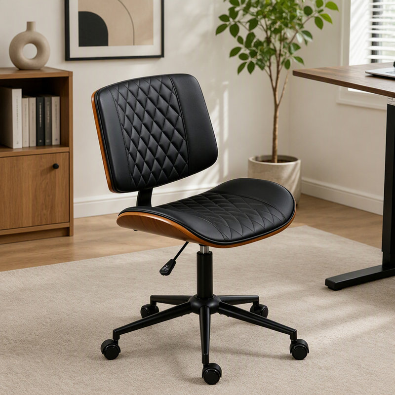 Chaise de bureau moderne sans accoudoirs, recouverte de cuir PU capitonné et réglable en hauteur