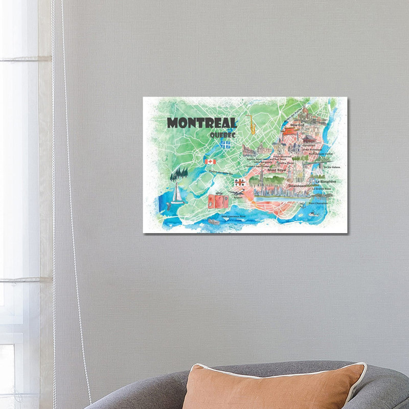 Montreal Quebec Canada Illustrated Map 1 Piece Painting on Canvas, 45.72cm H x 66.04cm W x 3.81cm D, Wrapped Canvas