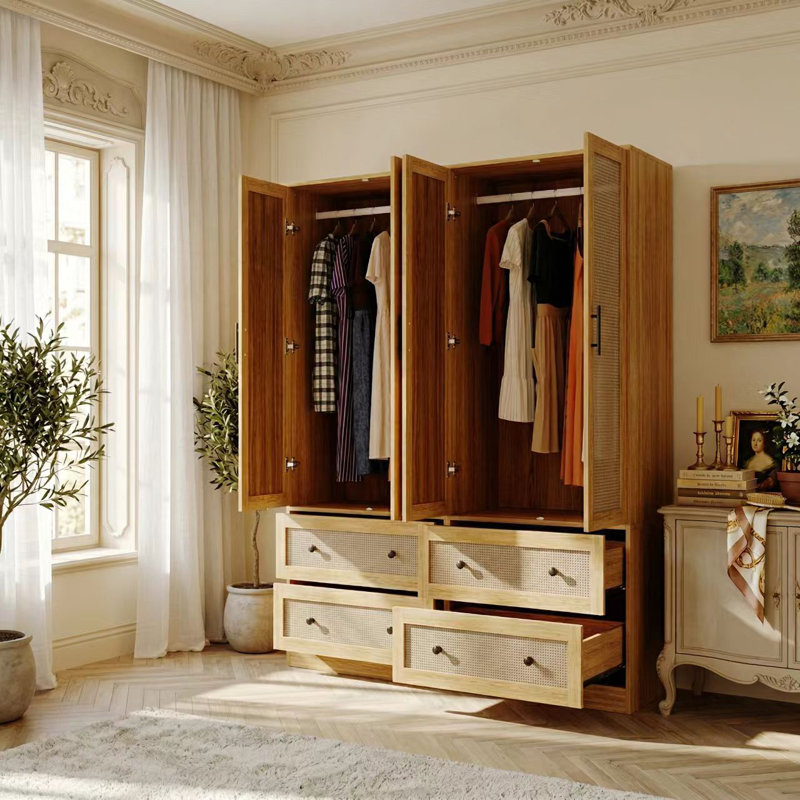 Ensemble de garde-robe de 62,8 po à 4 portes en rotin avec 4 tiroirs et conception anti-basculement