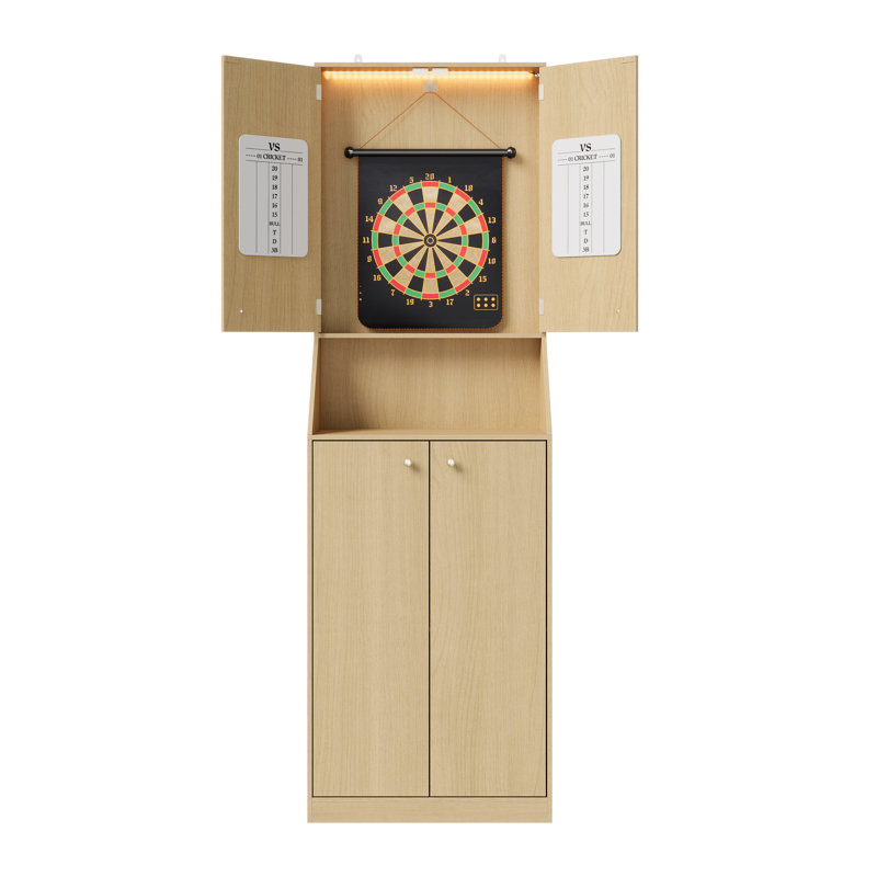 Armoire de jeu de fléchettes 74,8 "avec rangement, centre de jeu en bois avec tableau de pointage magnétique et lumière DEL