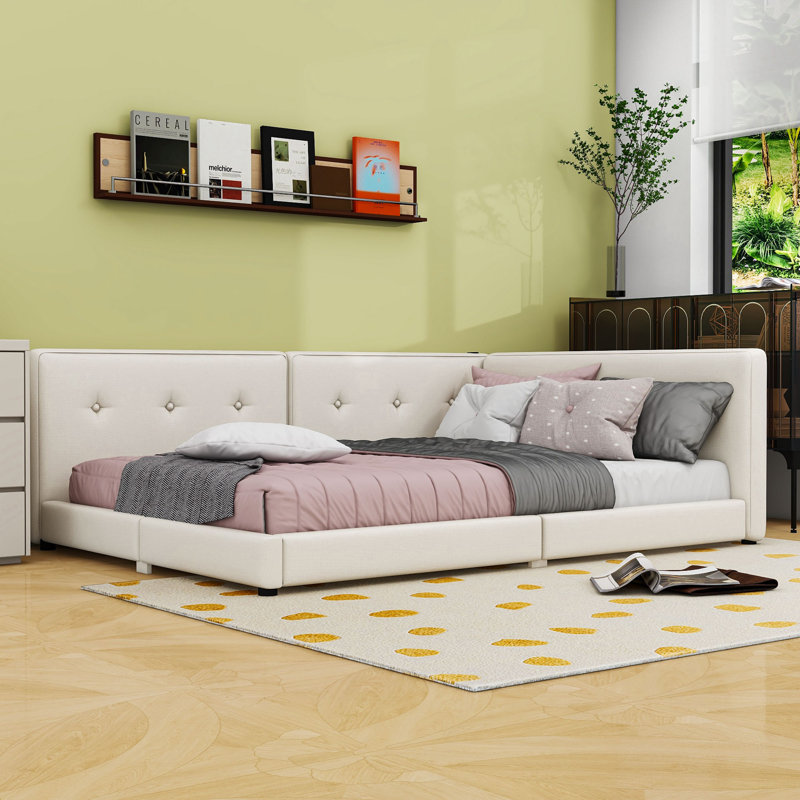 Modern Queen Size Linen Upholstered DayBed with Built-in USB Ports, Beige