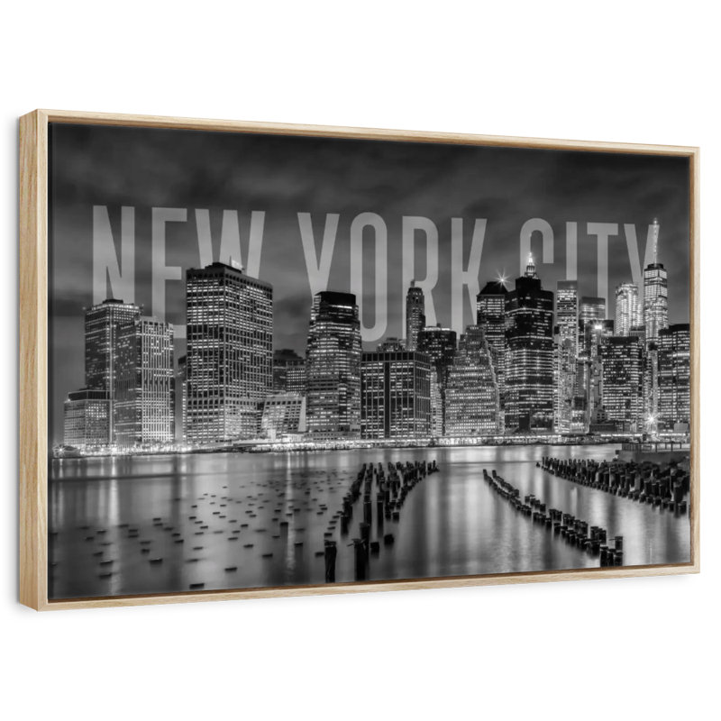 Horizon de New York monochrome, 13 po x 9 po, Cadre flottant en bois naturel