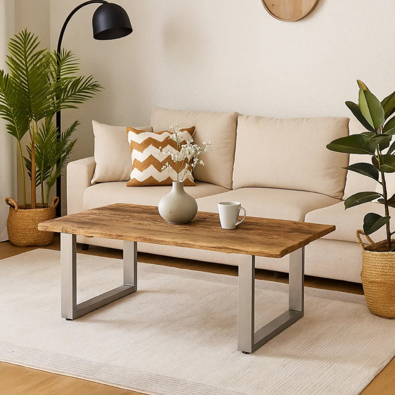 Table basse, plateau en bois de récupération brun de 39 pouces, base en métal