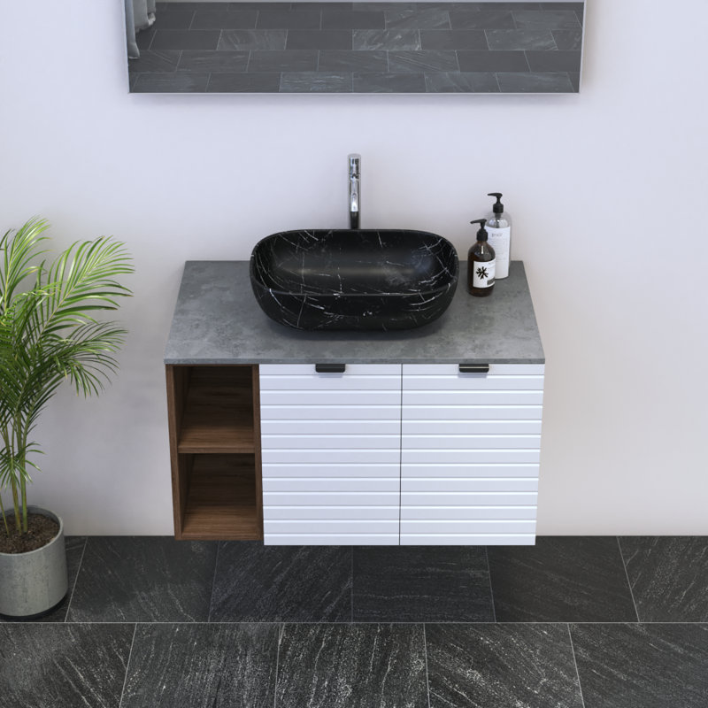 Meuble-lavabo simple 31,5 po avec plateau en bois manufacturé Karaya, Béton, Noir