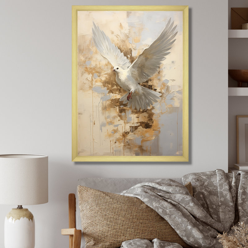 Minimalisme beige et colombe dorée sur toile, Cadre doré simple, H 20 po x l 12 po x P 1 po
