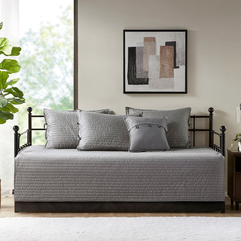 Grey Reversible Daybed Cover - 6 Piece With Plaid Cover, 15-Inch Drop , Shams, And Decorative Pillow Microfiber, Cotton Blend (6) 3 90% Filling, Fabric, Machine Washable