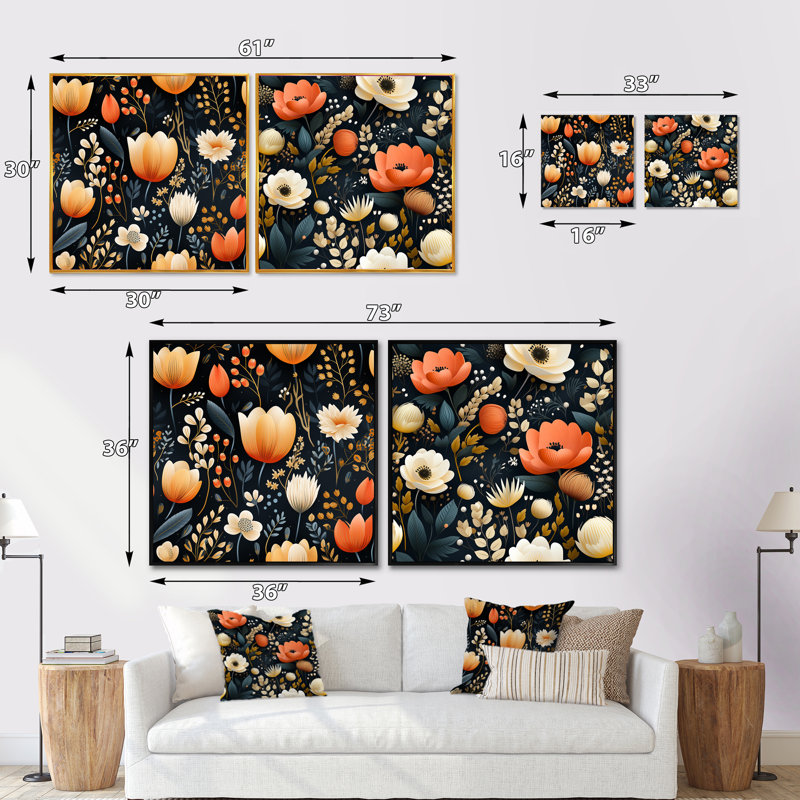 Galets - Ensemble de 2 collages carrés floraux, Cadre flottant noir, H 30 po x l 61 po