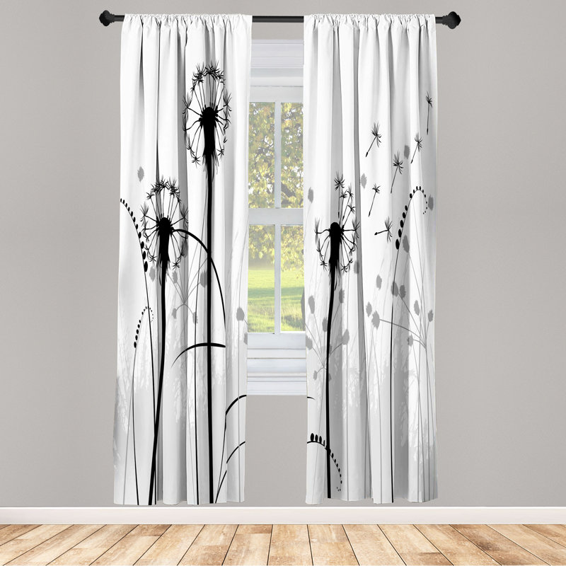  Spring Curtains, Floral Silhouette Dandelion, 28" W x 63" L, White Black