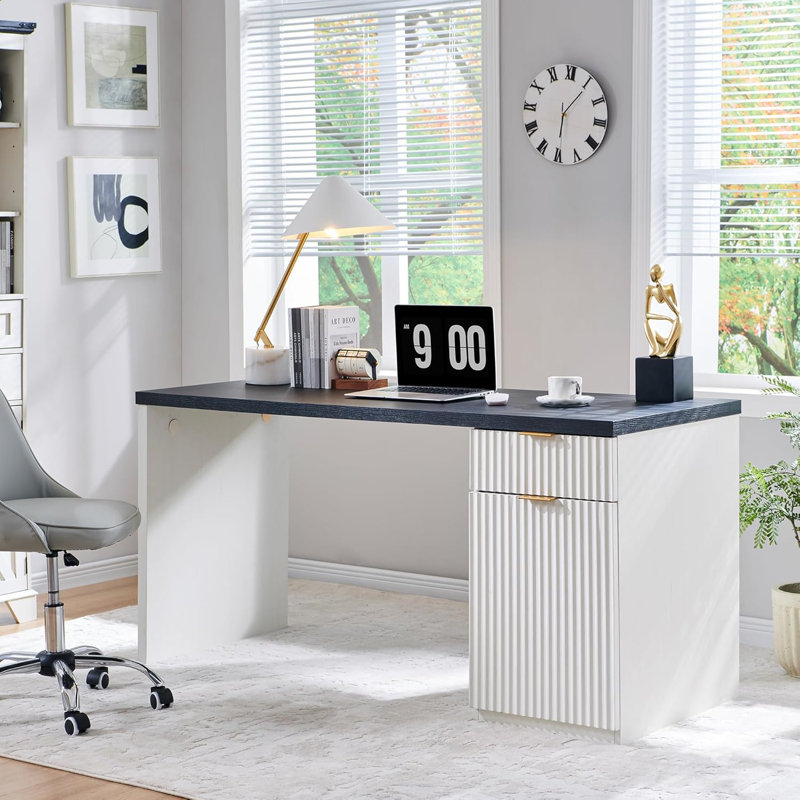 Modern Executive Desk With Power Outlet, Wood Home Office Desk With Drawer & Storage Cabinet, Black/White