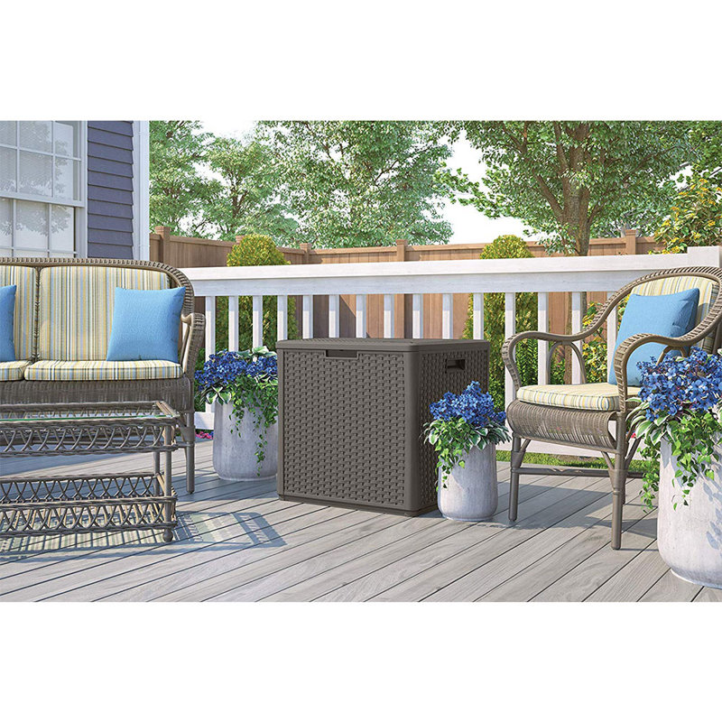 Boîte de rangement pour terrasse en résine tressée Suncast, Gris