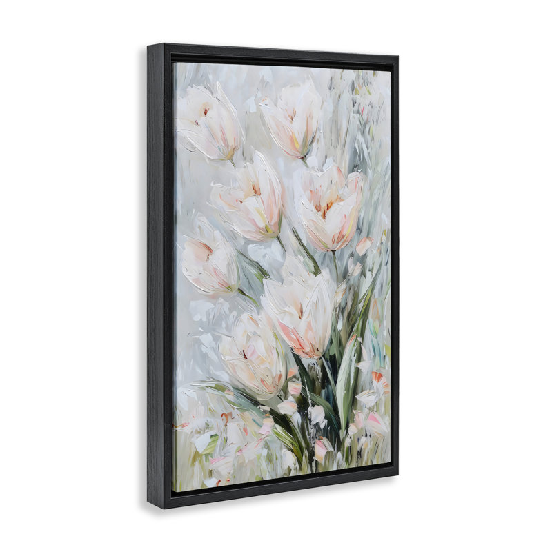 Printemps, art floral sur toile flottant, design par LSR Creative Studio, 25" H x 17" W, Cadre flottant noir de jais