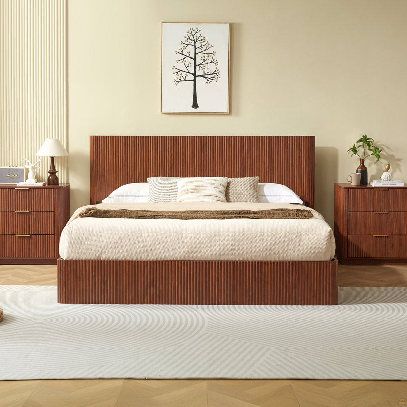 King Size Lift Up Storage Bed Frame, Wooden Corrugated Curved Lines, Hydraulic Storage/No Box Spring Needed