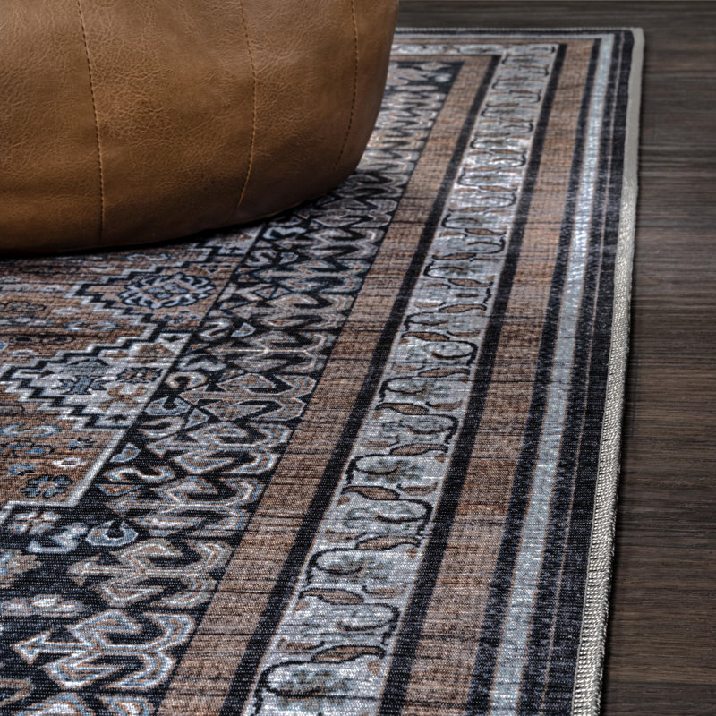 Dalyan Geometric Medallions Machine-Washable Brown/Blue/Gray Rug, Runner 2' x 8'