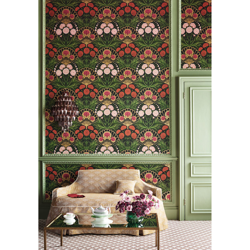 Floral Wallpaper Roll, Cerise/Dark Tangerine/Gold/Black