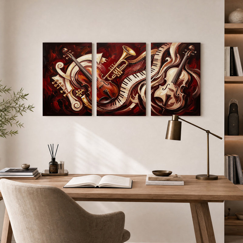 Ensemble de 3 toiles murales représentant des instruments de musique aux volutes rouges, 30"H x 20"W x 3pcs