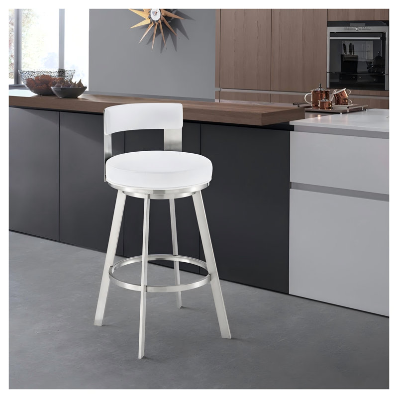 Tabouret de comptoir pivotant de 26 po en acier inoxydable brossé avec siège en similicuir blanc Nylun, Blanc