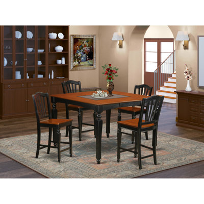 Ensemble de salle à manger 5 pièces à hauteur de comptoir comprenant une table de cuisine carrée avec rallonge papillon et 4 chaises de salle à manger, 54 x 54 pouces, noir et cerise