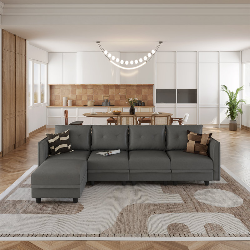 Zendajas 112" Curved Arm Convertibility 4 Seater Sofa Chaise Storage ottoman, Gray Faux Leather