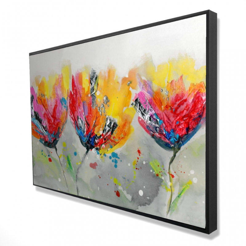" Four Colored Flowers On Gray Background "