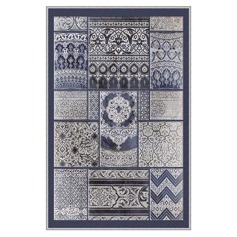 Tapis marocain rectangulaire noir / bleu / gris tissé à plat à la main 3 pi 11 po x 5 pi 11 po Tahage
