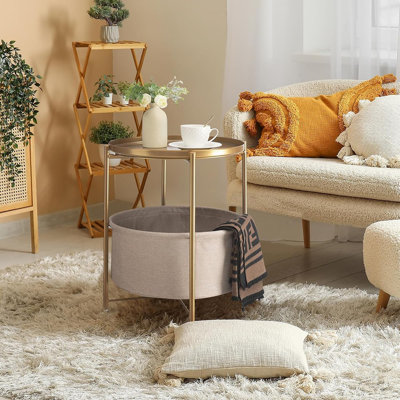 Table d'appoint ronde avec panier de rangement en tissu, petite table de chevet en métal avec plateau amovible pour le salon, la chambre à coucher, la chambre de bébé, la buanderie, or