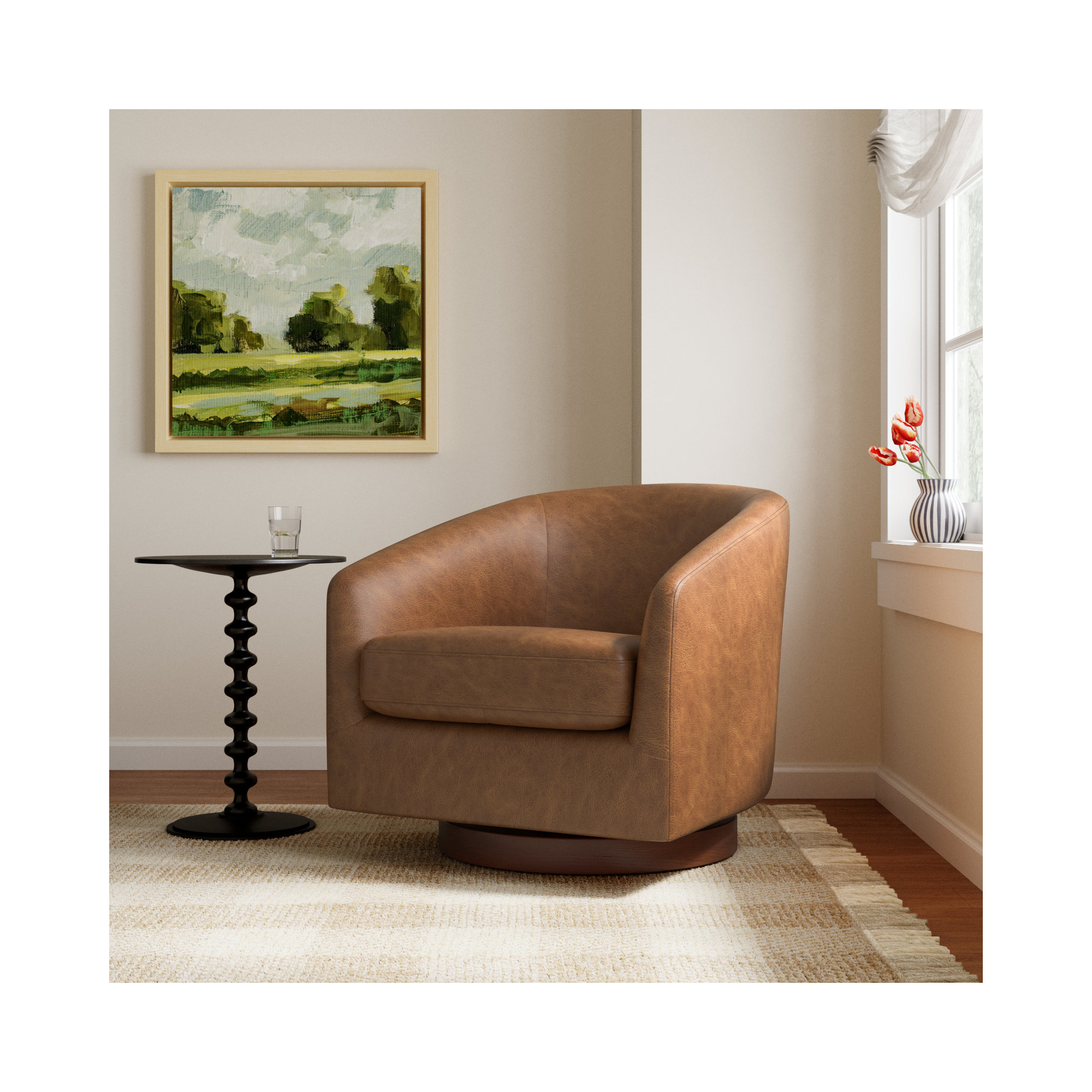 Bennett Genuine Leather Swivel Barrel Chair, Marseille Brown Genuine Leather