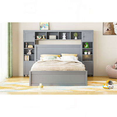 Grand lit en bois avec armoire tout-en-un, tablette et prises, gris
